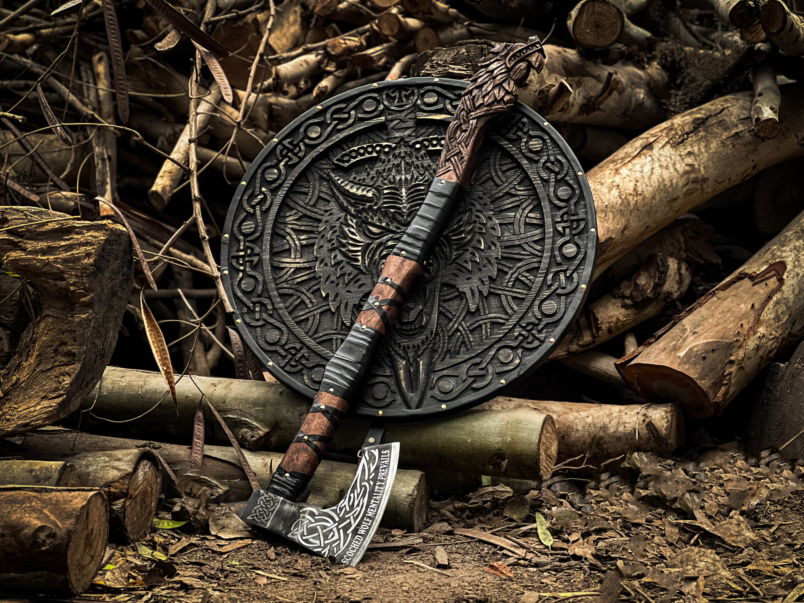 Hand Forged Viking Wolf Axe & Shield Set - Image 13