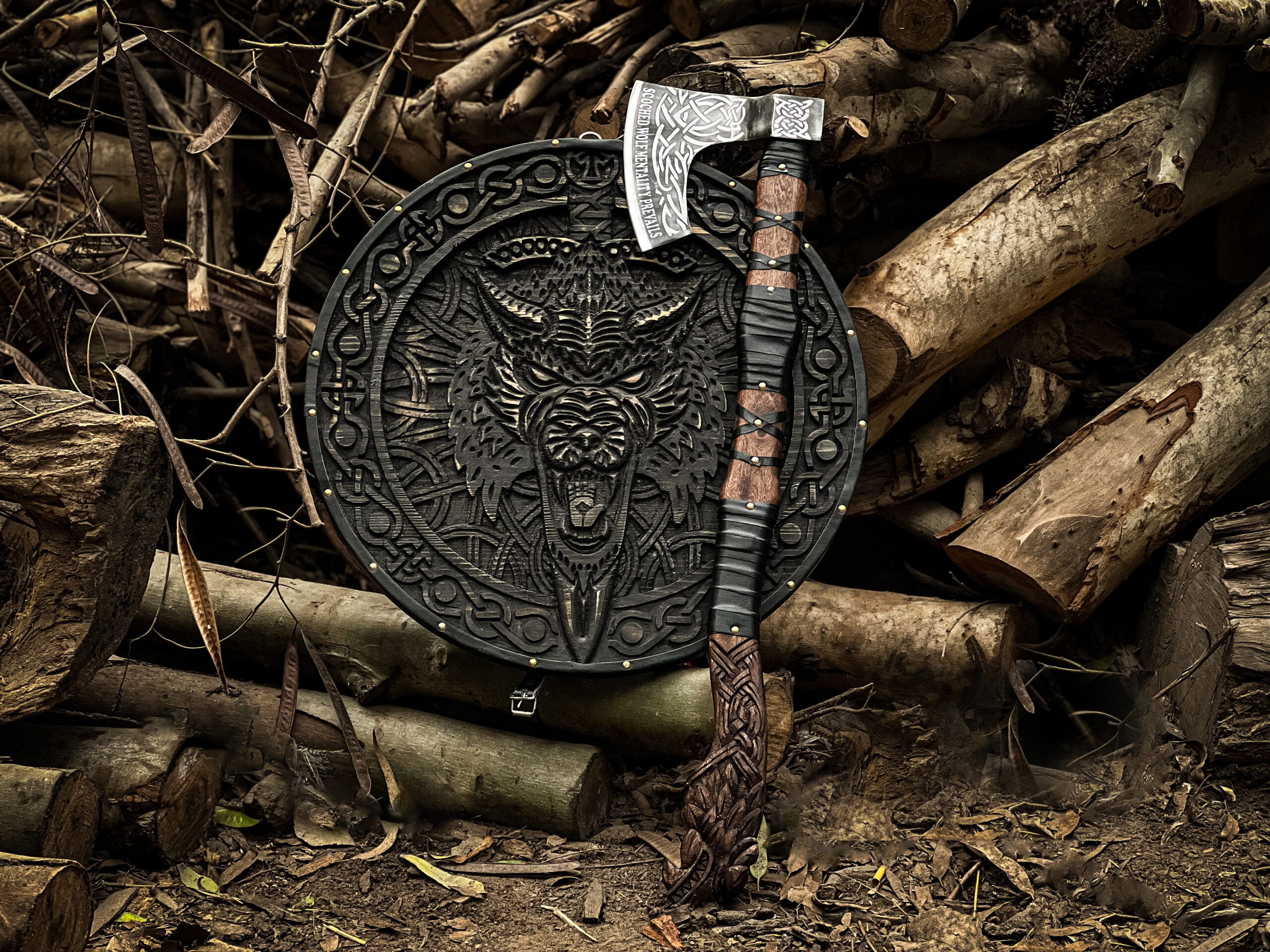 Hand Forged Viking Wolf Axe & Shield Set - Image 15