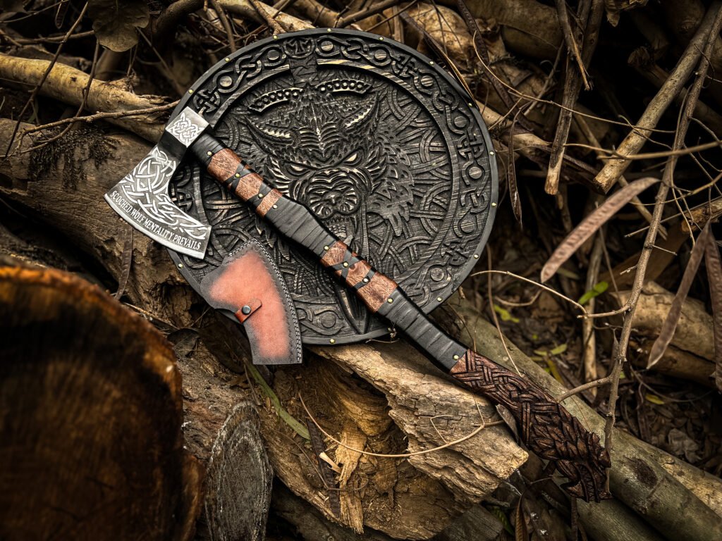 Hand Forged Viking Wolf Axe & Shield Set