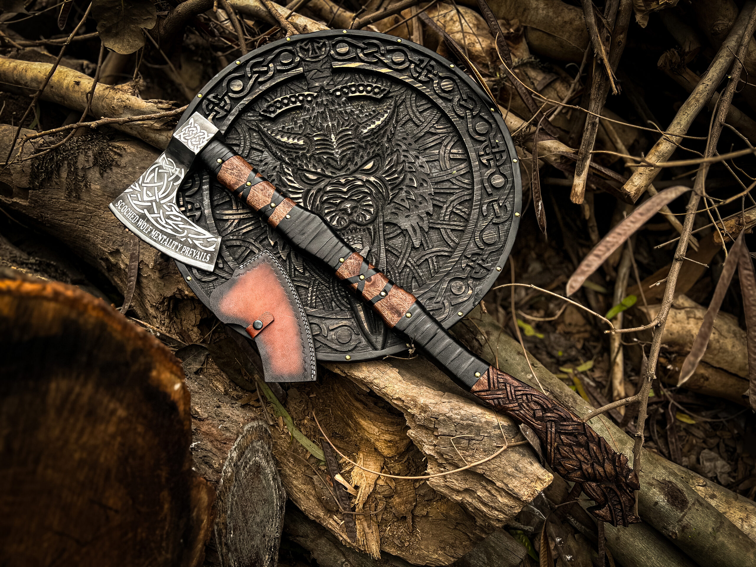 Hand Forged Viking Wolf Axe & Shield Set
