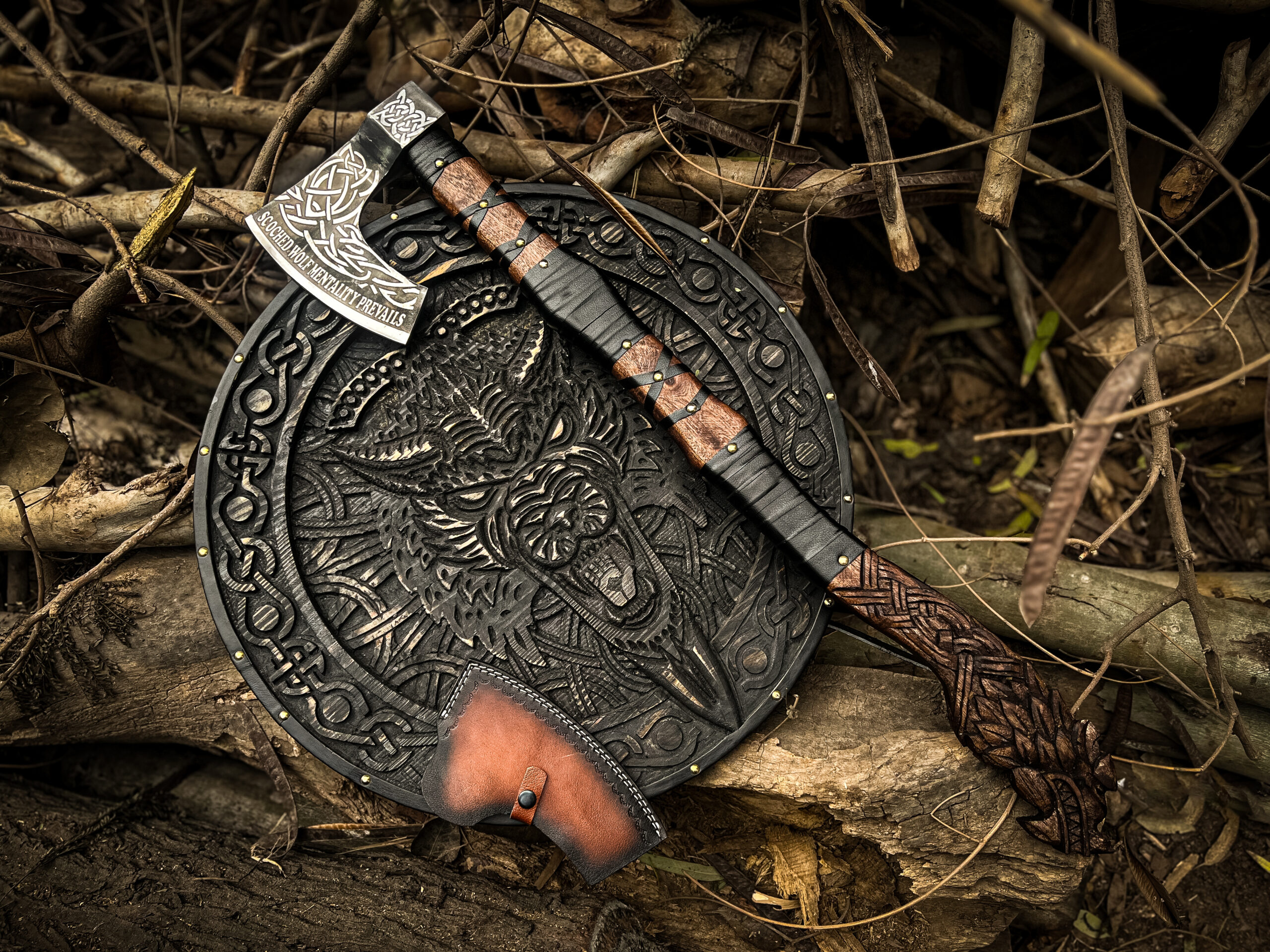 Hand Forged Viking Wolf Axe & Shield Set - Image 10