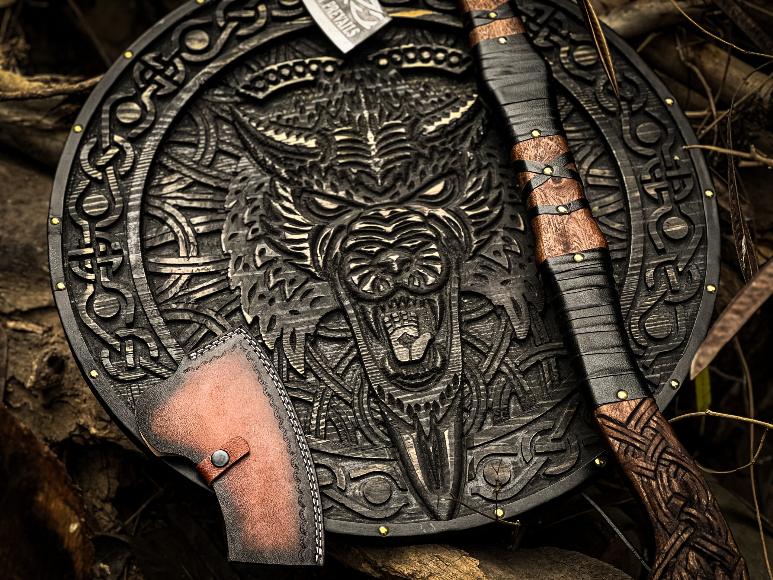 Hand Forged Viking Wolf Axe & Shield Set - Image 11